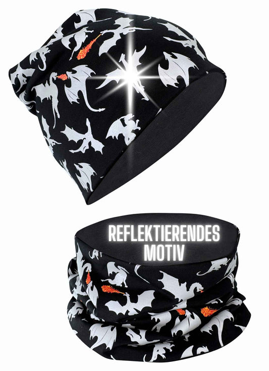 Heckbo 360° Reflector Children's Hat & Loop Scarf Set, Many Designs, 2–8 Years, 95% Cotton, Soft & Easy-Care Stretch Material, for Boys, Girls, Beanie for Spring, Summer, Autumn, Winter