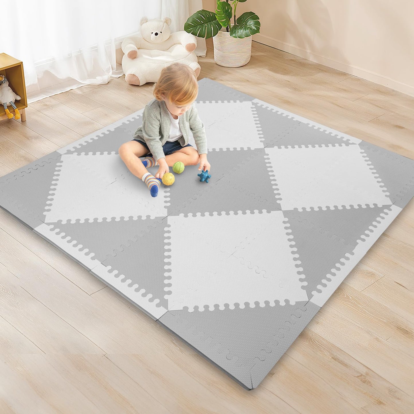 Funsland Krabbelteppich für Baby, Rutschfeste Baby Spielmatte Schadstofffrei 127x127cm, Baumwolle Tier Krabbelmatte Baby Faltbar mit Einem Höhenlineal, Kinder Spielmatte für Innen/Außen/Zaun