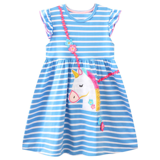 JinBei Mädchen Kleid Baumwolle Rundhals Rüschen Ärmellos Lässige Einhorn Cartoon-Applikationen Blau/Weiße Gestreift Kleidung Kinder Sommer Party Festliches Prinzessin A-Linie Kleider Gr. 98-128