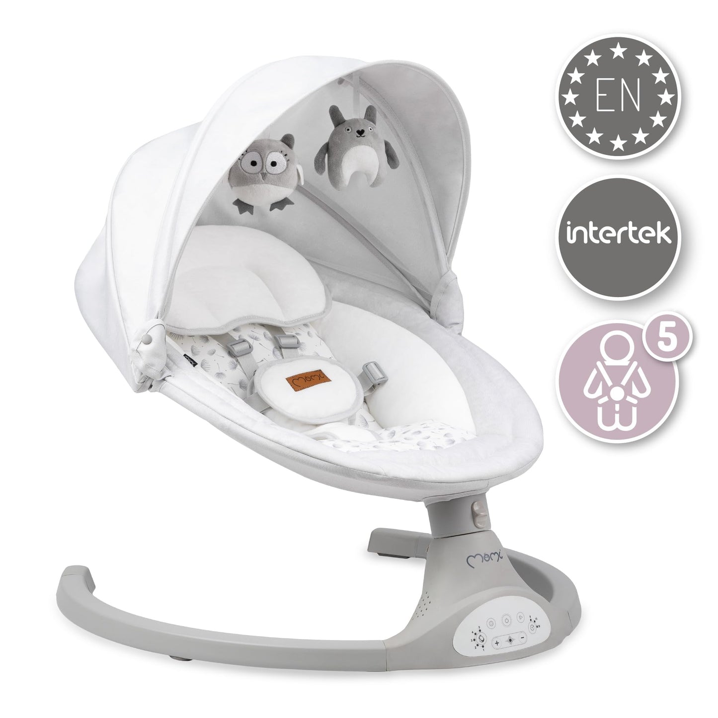 MoMi KENANI baby bouncer for children up to 9 kg, foldable, with remote control & Bluetooth for connecting to a smartphone, battery or power connection, with 5-point safety belt, sun protection, insect net