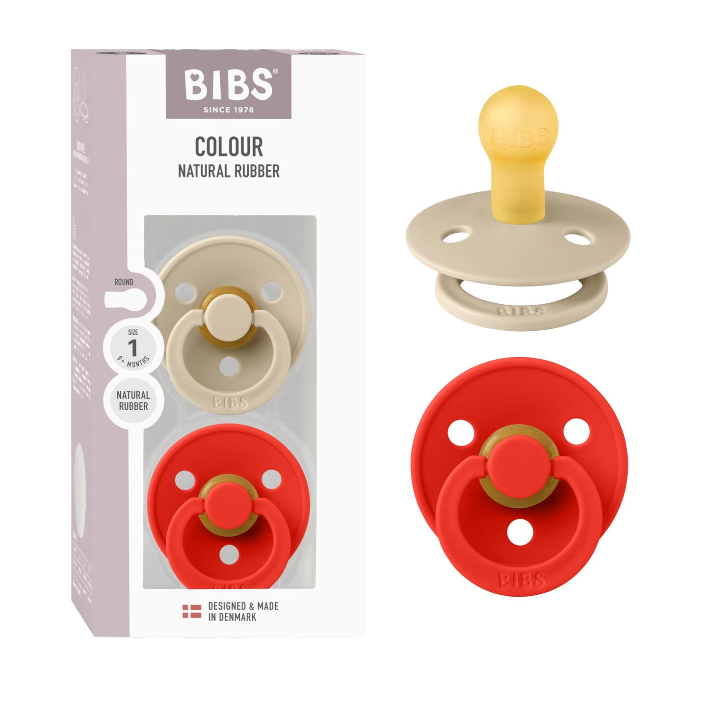 BIBS Colour Schnuller 2er-Pack, BPA-frei, Kirschform Nippel. Naturkautschuk/Latex, Hergestellt in Dänemark. Größe 2 | 6+ Monate | 2-Pack, Coral/Ruby