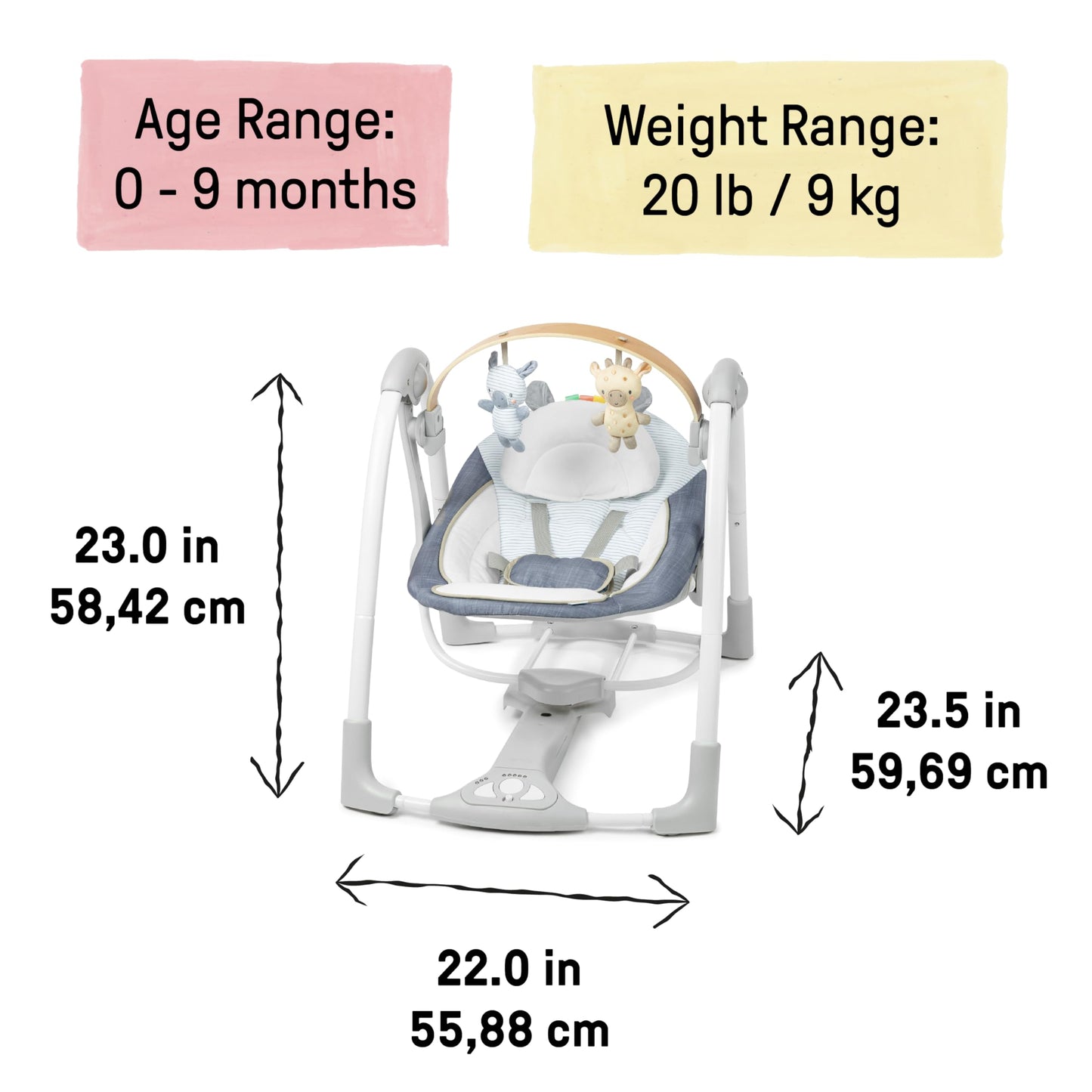 Ingenuity Hugs & Hoots zusammenklappbare & tragbare Babyschaukel, 5 Schaukelgeschwindigkeiten, 8 Melodien, 3 Naturgeräusche, Lautstärkeregulierung und Spielzeugbügel, ab der Geburt bis 9kg