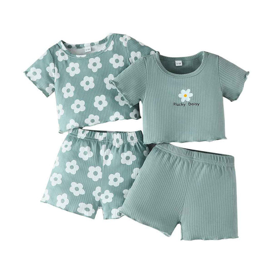 LUVCES Toddler Baby Girl Clothing Set Ruffle Ribbed Short Sleeve / Long Sleeve T-Shirt Tops + Shorts Trousers 4 Pieces Summer Autumn Cute Outfits Set