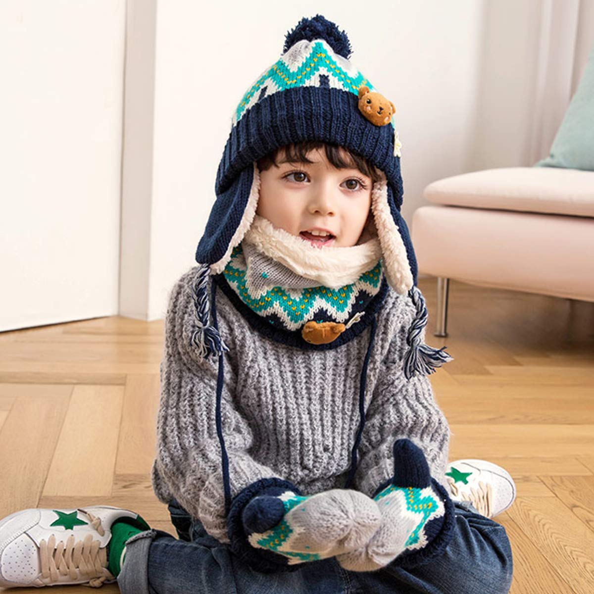 DORRISO Unisex-Baby Jungen Mädchen Mütze Schal Handschuh Set Niedlich Frühling Winter Herbst Beanie Strickmütze Warm Niedlich Klein Fuchs Wintermütze 1-6 Jahre alt