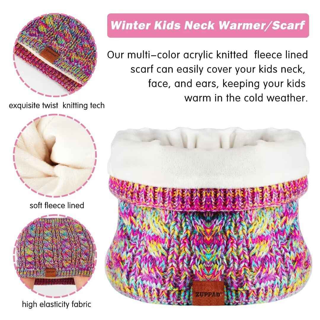 ZUPPAD Mütze und Schal Kinder Set, Kinder Beanie Mütze Winter mit Bommel Strick Halswärmer Halstuch Schlauchschal Warme Handschuhe Fleece Gefüttertes Geschenk Set für Mädchen Kinder