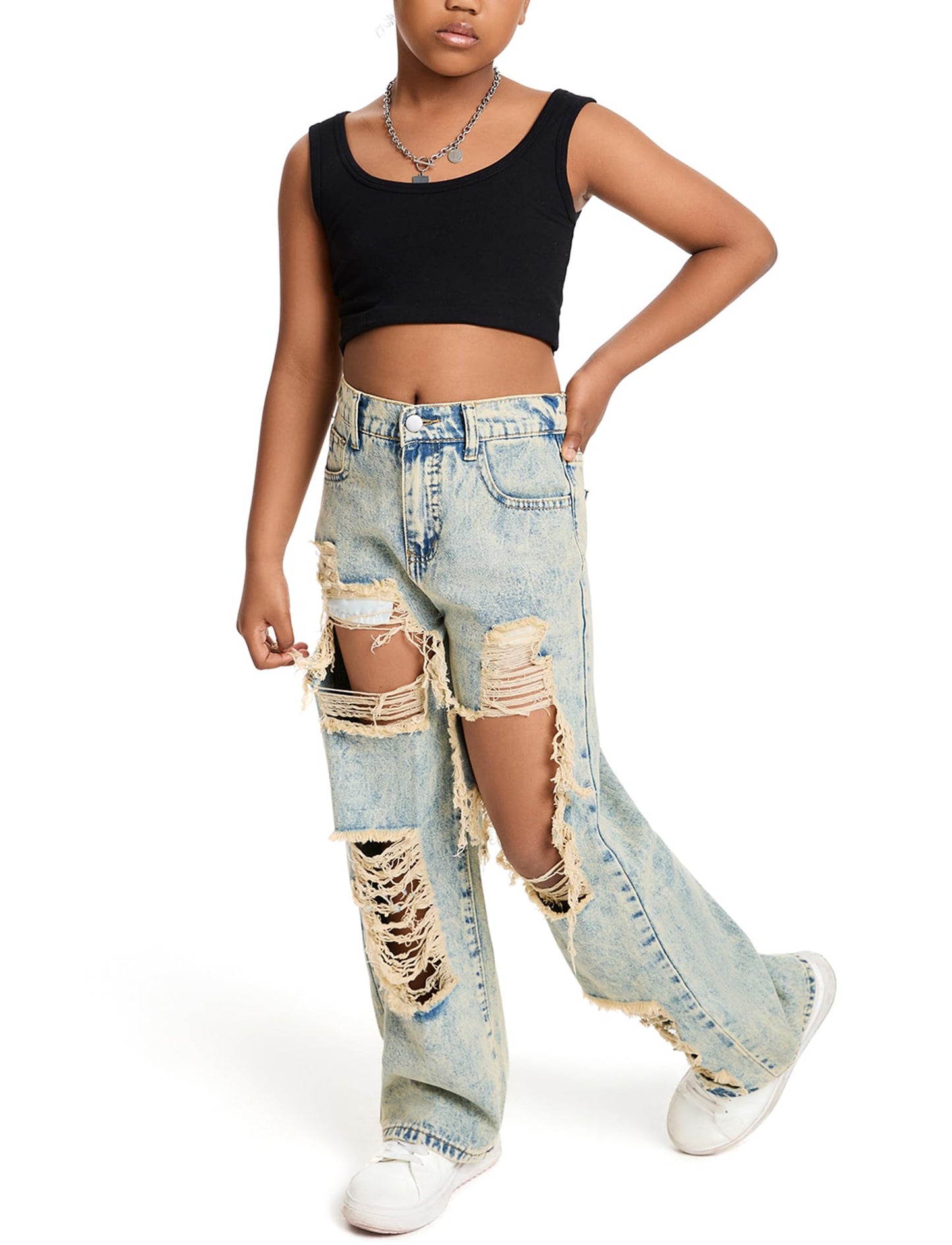 Happy Cherry Mädchen Jean Hosen Loch Wash Denim Blau Hose Kinder Elastische Taille Vintage Jeans Weites Bein Jeanshosen 130-160