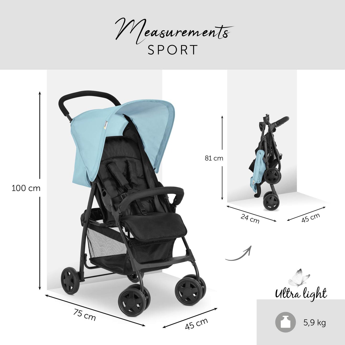 Hauck Lightweight Stroller up to 18 kg with reclining function from birth, small foldaway, sun canopy, large basket