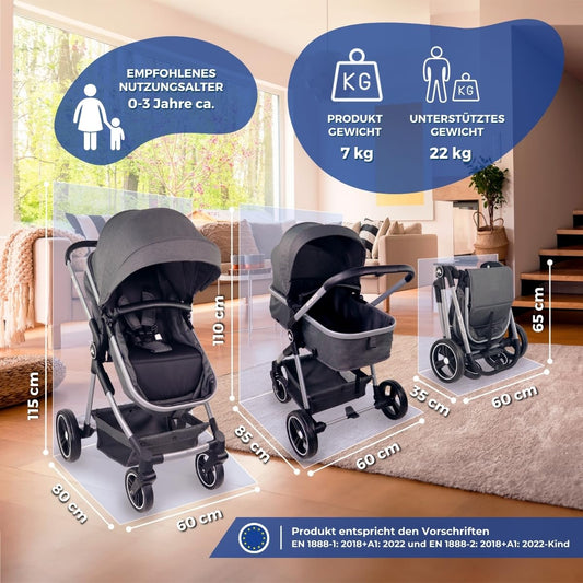 Mobiclinic® kids, Kinderwagen + babywanne, 2 in 1, Nuit, Ultrakompakt, 5-punkt-gurtsystem, 22 kg, Einhandbedienung, Verstellbar, Verstellbare rückenlehne, Motorhaube, Korb, Fußbremse, Wendbar