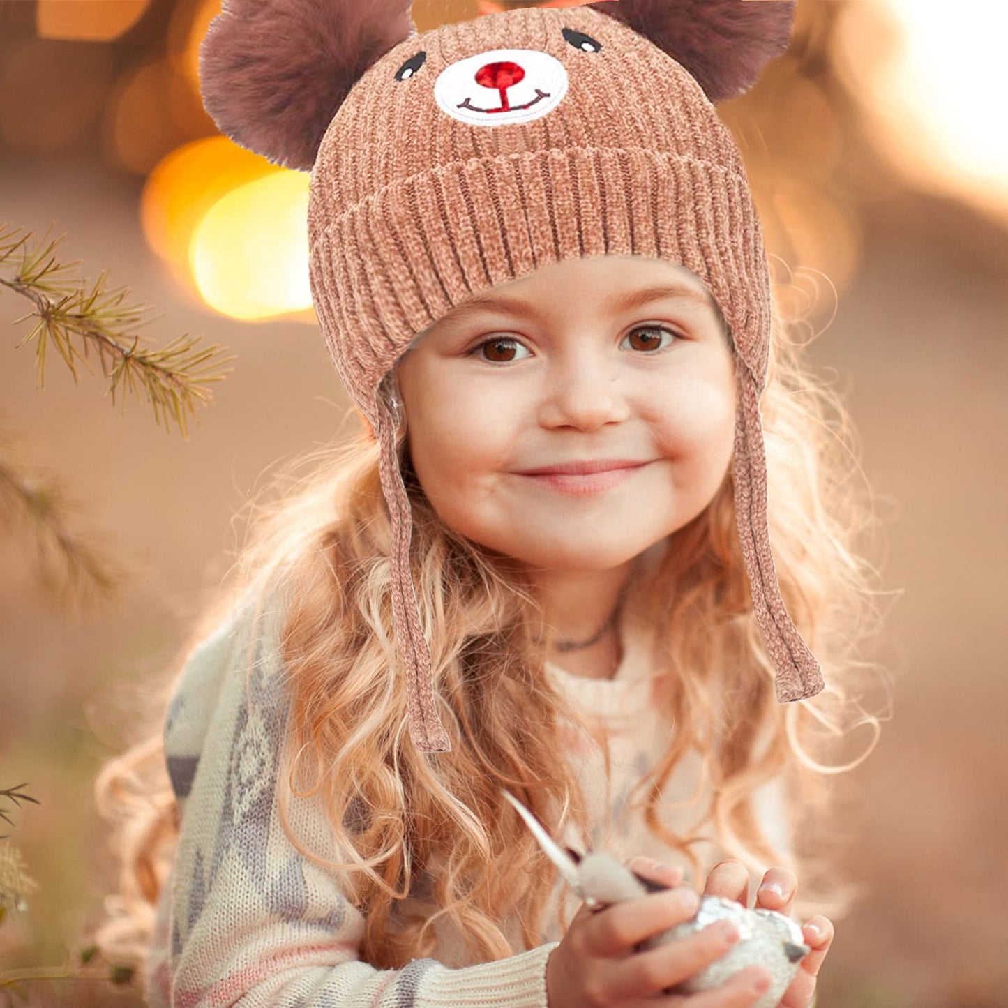 KEELYY Baby Mütze Beanie Strickmütze Herbst Wintermütze Süßer Hut mit Earflap und Bindebändern Warm Hat für Jungen Mädchen