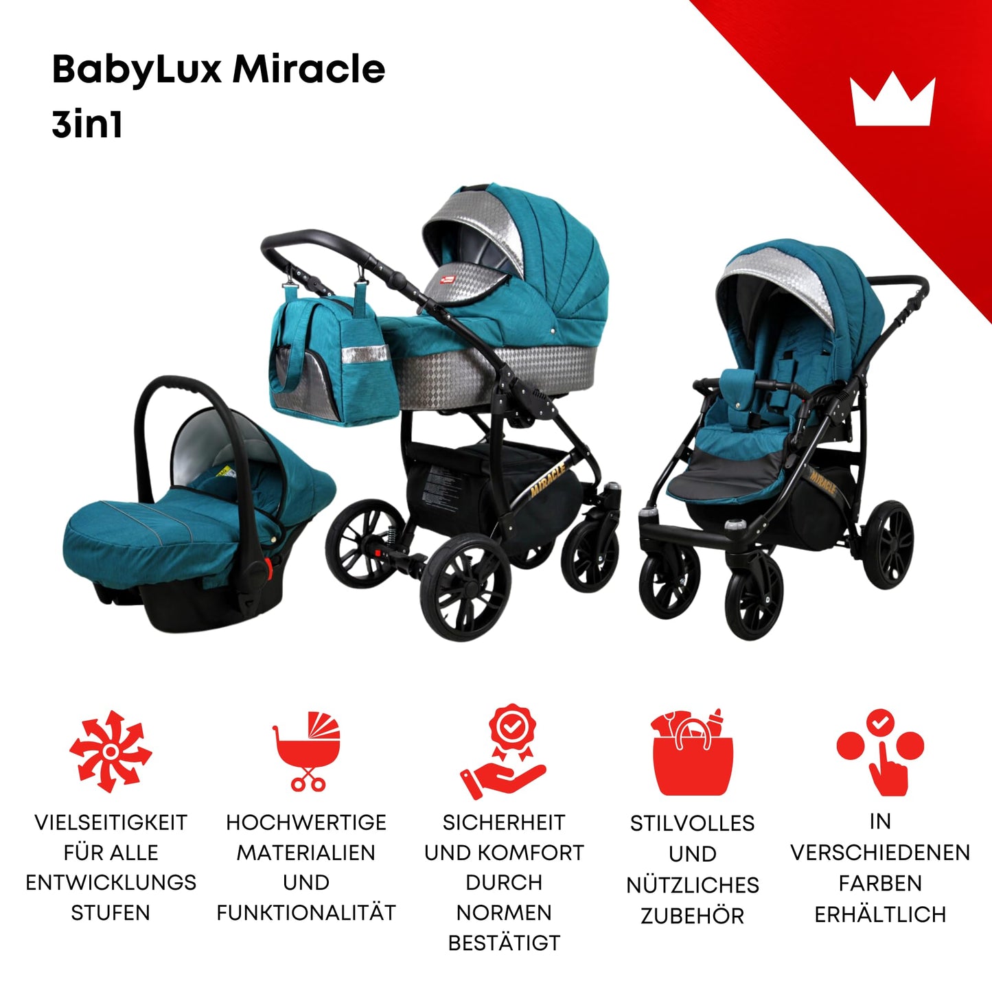 BabyLux Miracle 2-in-1 Baby Pushchair Deep and Pushchair with Accessories Adjustable and Foldable Aluminium Construction Waterproof Non-Removable Wheels Gold Leaf
