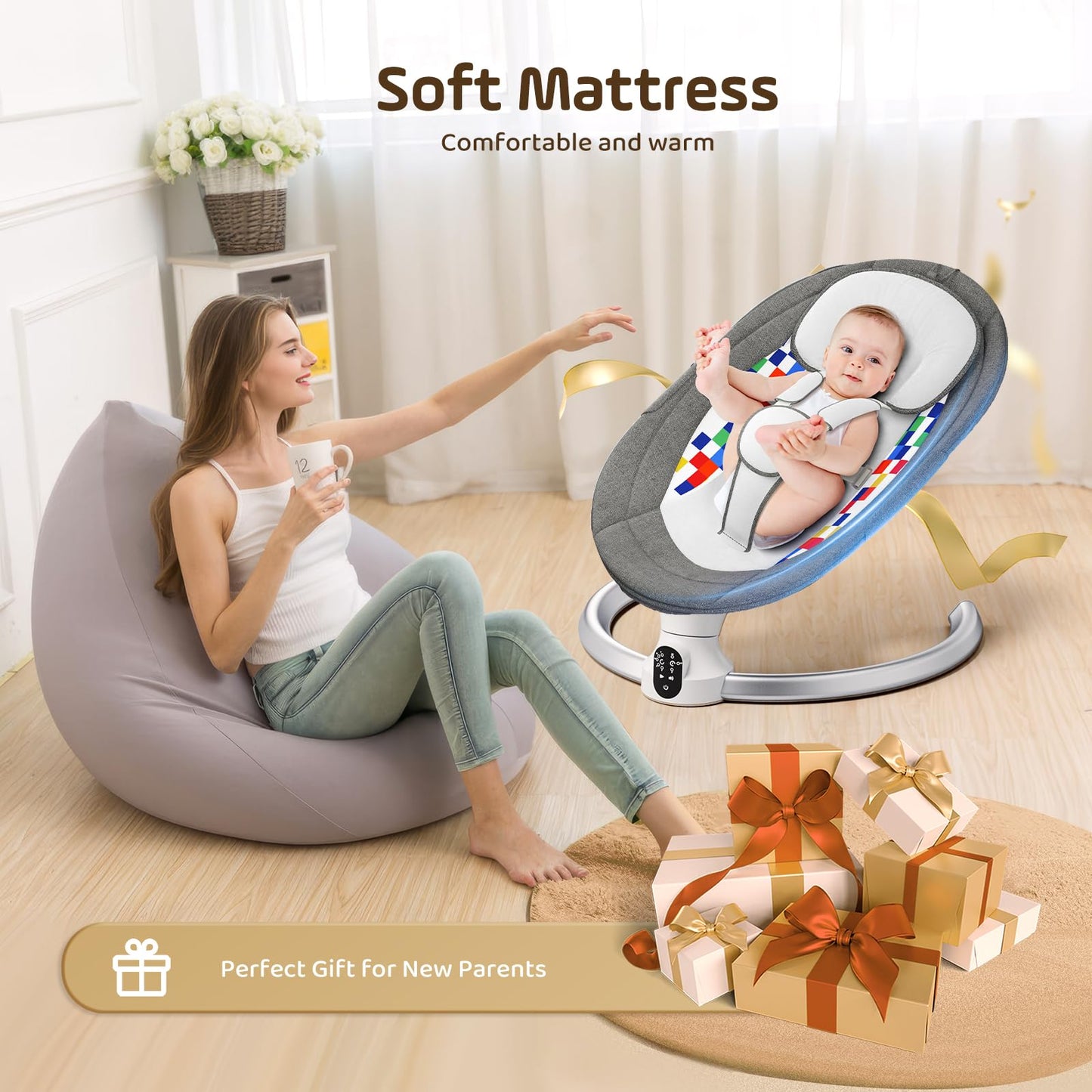Hlieeosfcn Babywippe für Kinder,Babywippe Elektrisch mit 5 Natürlichen Schaukelgeschwindigkeiten,Elektrische Babyschaukel mit Musik, Nutzbar ab der Geburt bis ca. 6 Monaten,Fernbedienung,Grau