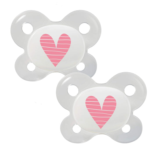 Dentistar® Silicone Pacifier Set of 2 – Size 0 for 0-2 Months – Tooth-friendly & orthodontic silicone pacifier with dental step – Beige with heart motif – BPA-free – Made in Germany