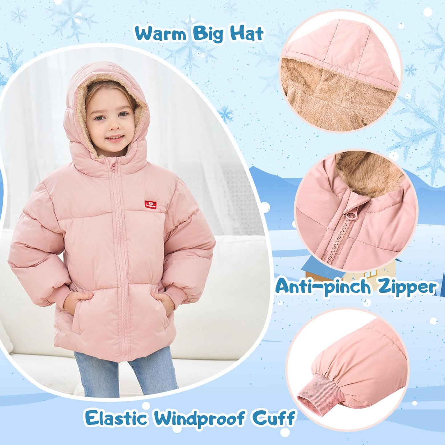kids4ever Baby Winter Jacket Coat Zip Hooded Jacket Windproof Warm Fleece Outerwear Snowsuit with Two Pockets for Boys Girls 12 Months - 5 Years
