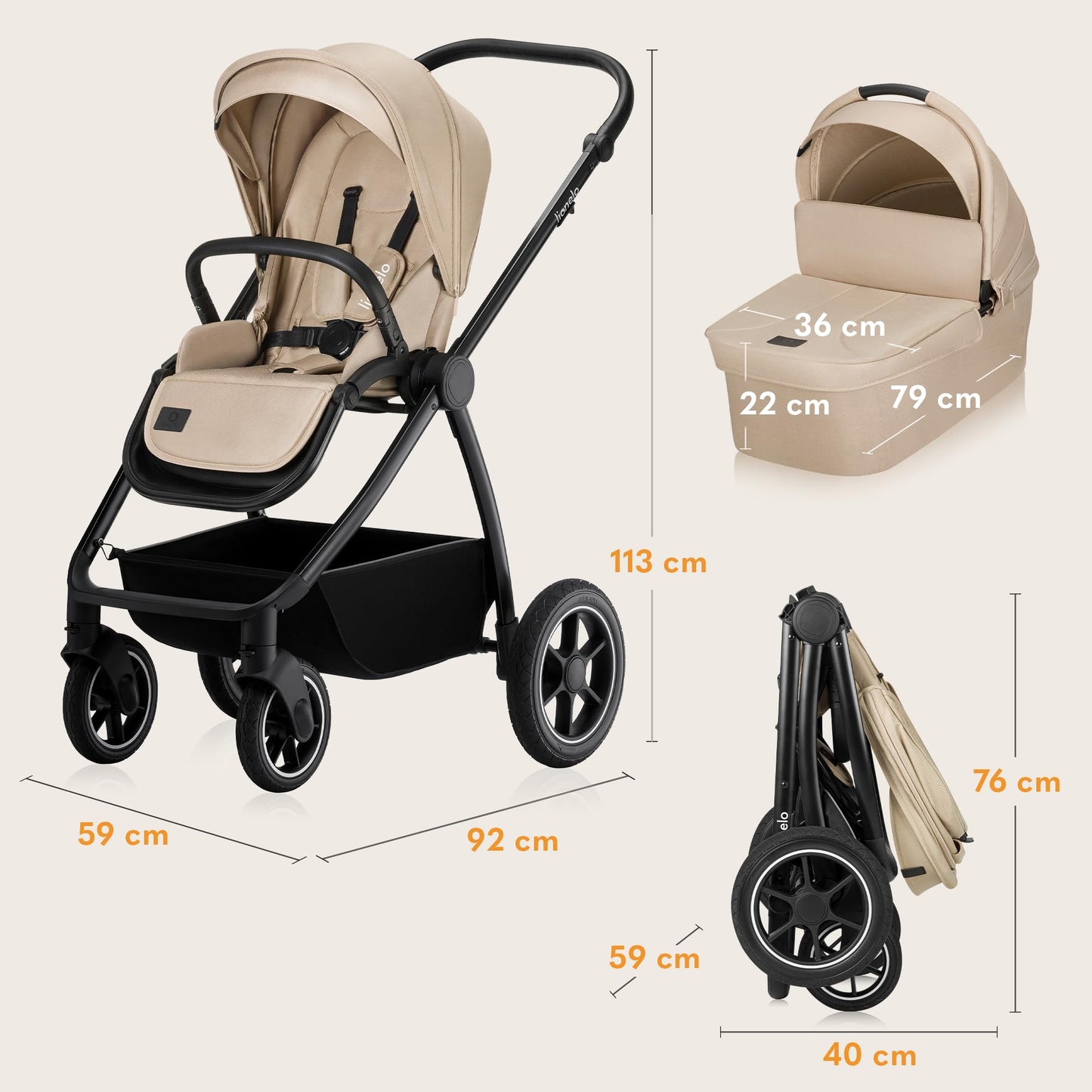 LIONELO MERIL 3-in-1 Multifunktionaler Kinderwagen 0-48 Monate Bis zu 22 kg, Babywanne bis zu 9 kg, Kindersitz bis zu 13 kg, Geländeräder 360°, Vollfederung, XXL-Verdeck mit UPF50+ - Meloni2