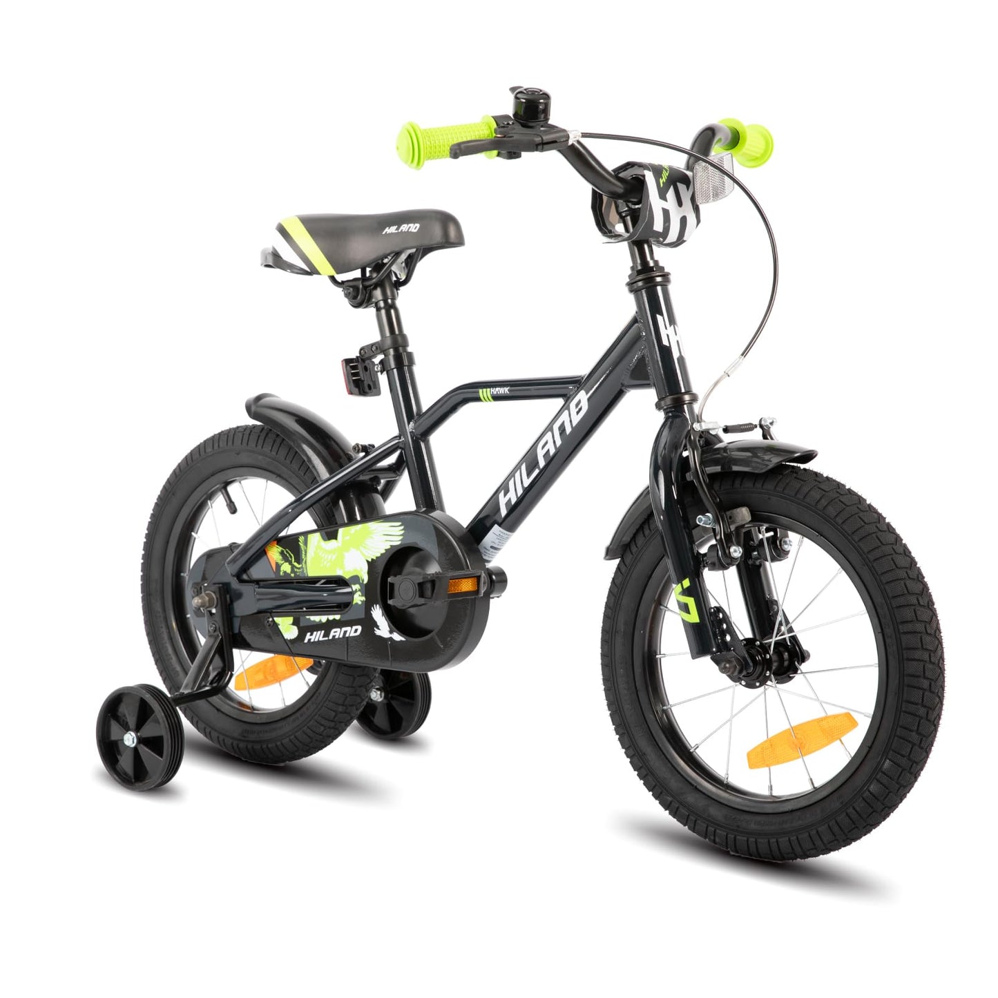 Hiland 12/14/16/20 Zoll Kinderfahrrad, Jungen Fahrrad für 3-10 Jahre, mit Stützrädern, Kinderfahrrad mit Handbremse und Rücktrittbremse, Schwarz/Grün/Blau/Orange - Meloni2