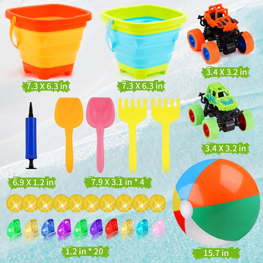 Echehi Sand Toy Set for Boys Girls 30 Pieces, Sandpit Toy Beach Toy with Folding Bucket, 16 Inch Water Ball, Monster Truck, Gemstones, Summer Toy for Indoor and Outdoor Use