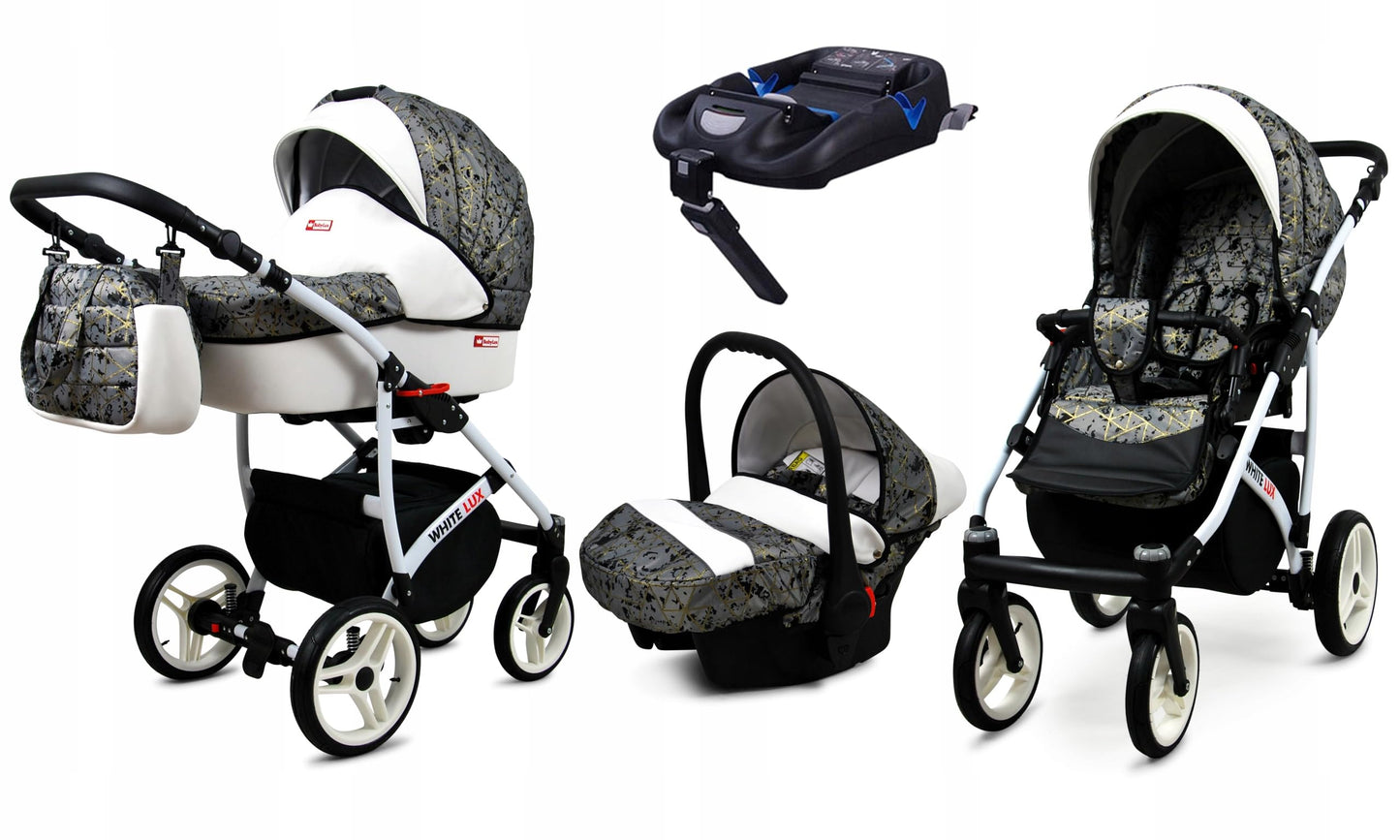 BabyLux® Bambimo Kinderwagen Set 3 in 1 - White Lux - incl. Babywanne, Buggy Sportsitz, Auto-Babyschale - Autositz - Kinderwagenset - Kombikinderwagen mit Wickeltasche, Regenschutz usw.