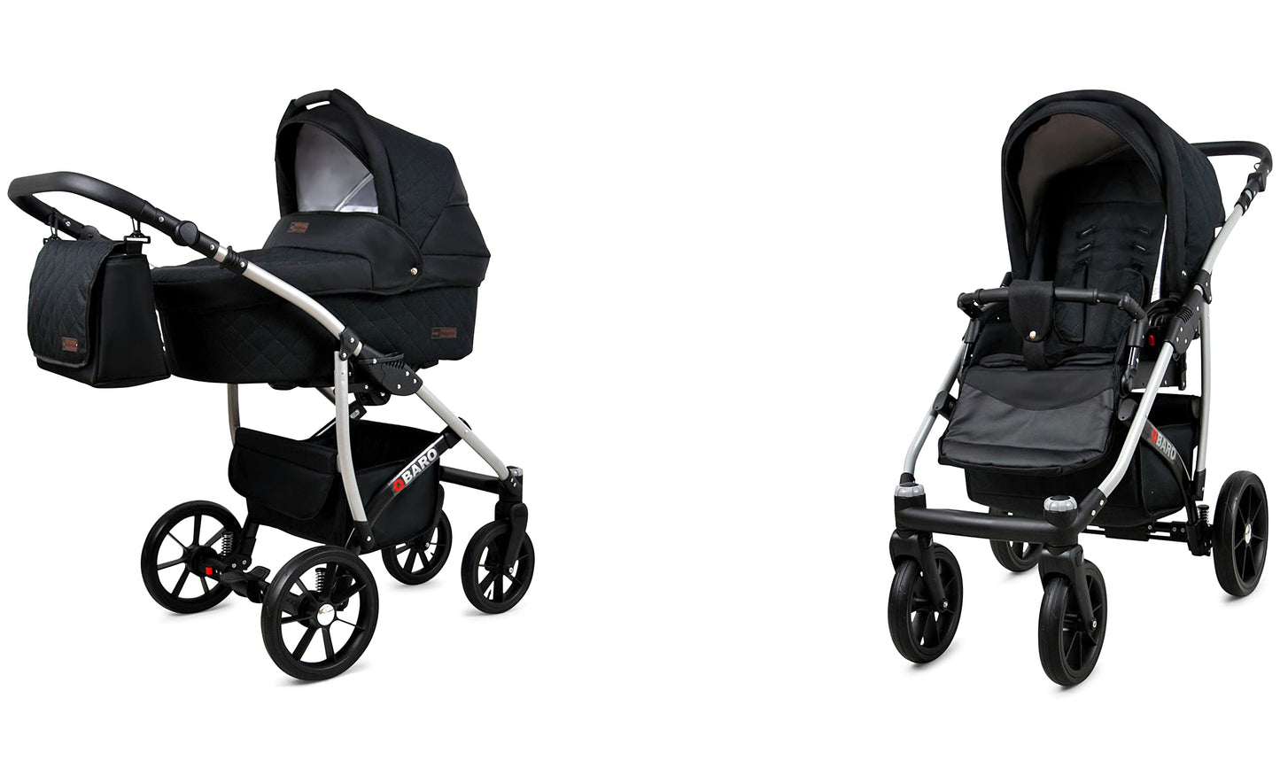 BabyLux® Bambimo Qbaro 3-in-1 Pushchair Set Including Baby Carrycot, Buggy Sports Seat, Car Seat - Car Seat - Pram Set - Combination Pram with Changing Bag, Rain Cover etc.