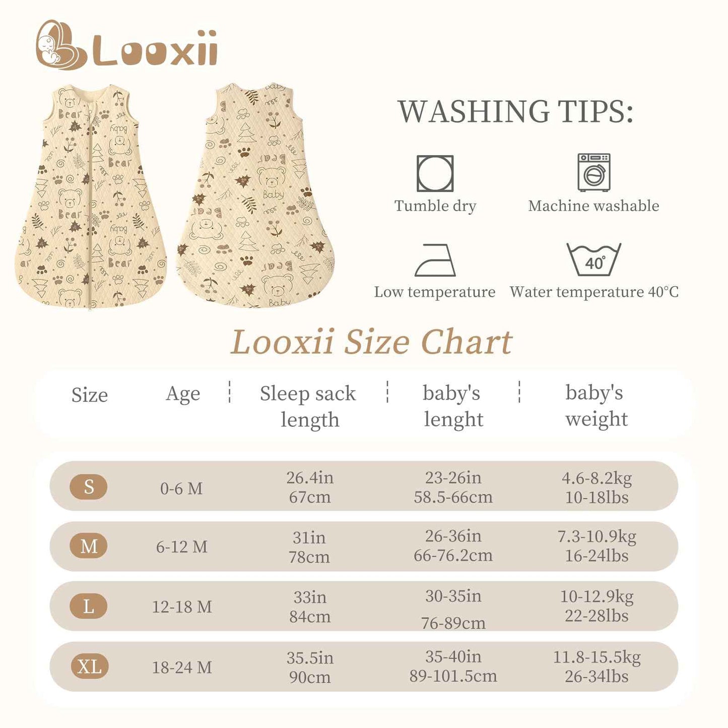Looxii Baby Winter Sleeping Bag, Cotton, 2.5 Tog, Warm Winter Sleeping Bag, Soft Baby Sleeping Bag, Newborn in 6-12 Months, Perfect for Autumn, Winter