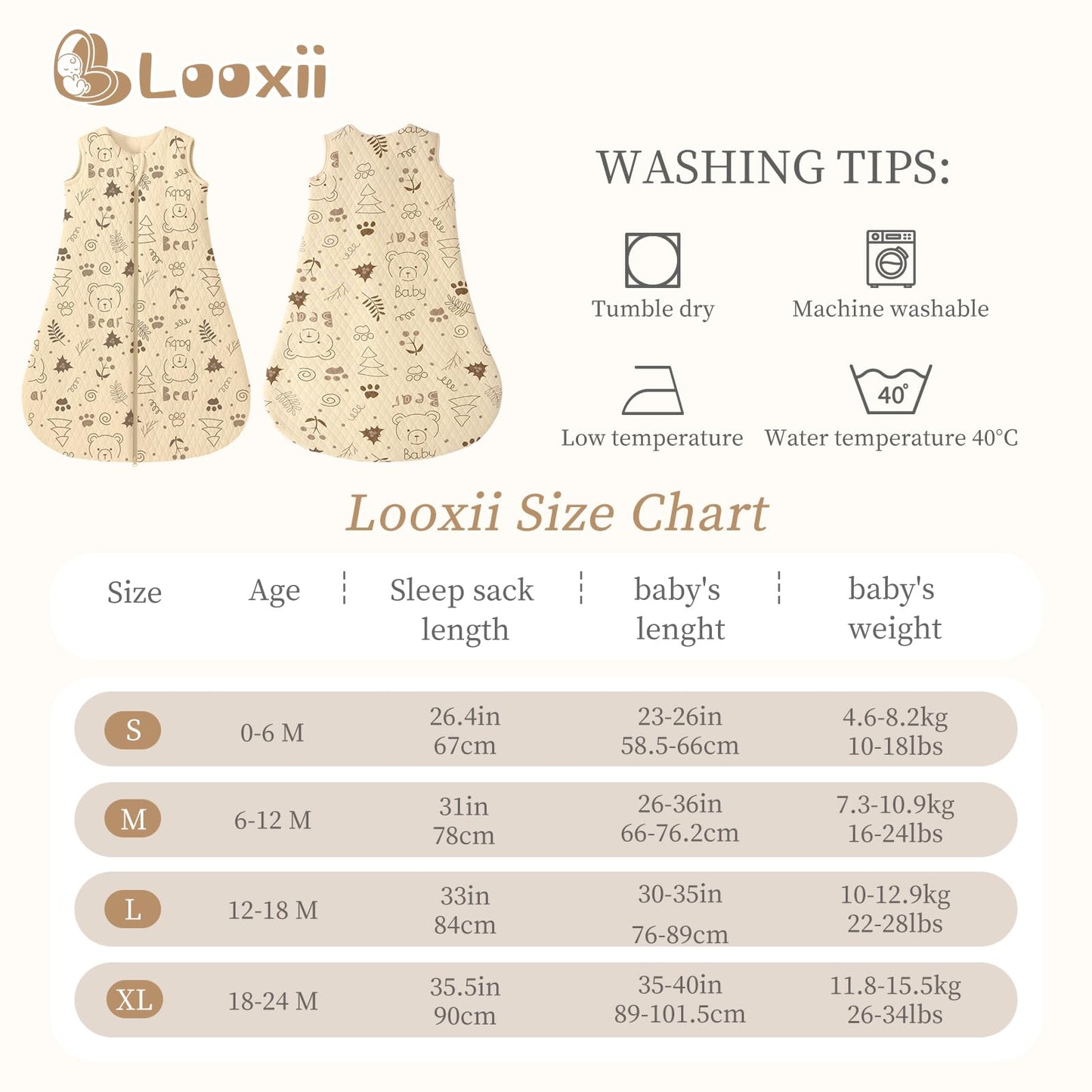 Looxii Baby Winter Sleeping Bag, Cotton, 2.5 Tog, Warm Winter Sleeping Bag, Soft Baby Sleeping Bag, Newborn in 6-12 Months, Perfect for Autumn, Winter