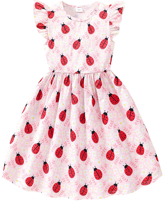 EULLA Kinder Mädchen Kleid Kurzarm Lässig A-Linie Regenbogenstreifen Erdbeere Marienkäfer Schmetterling Kleider Gr.92 98 104 110 116 122