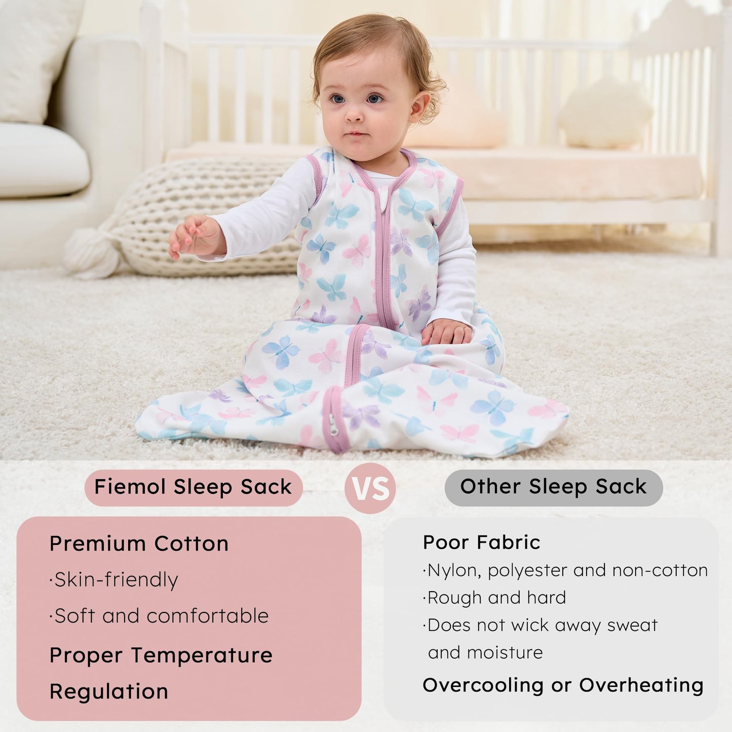 FIEMOL Baby Sleeping Bag 2.5 Tog 0-6 Months, Winter Cotton Newborn Baby Sleeping Bag, Wearable Blanket for Infants and Toddlers, 2-Way Zip Sleeping Bag, 67 cm, Rainbow