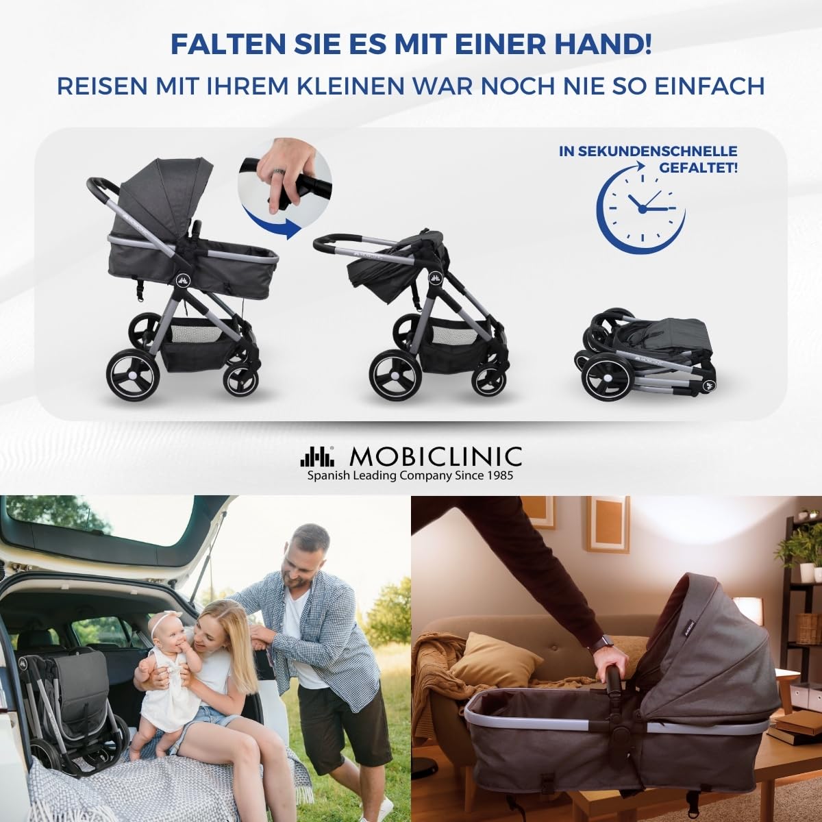 Mobiclinic® kids, Kinderwagen + babywanne, 2 in 1, Nuit, Ultrakompakt, 5-punkt-gurtsystem, 22 kg, Einhandbedienung, Verstellbar, Verstellbare rückenlehne, Motorhaube, Korb, Fußbremse, Wendbar