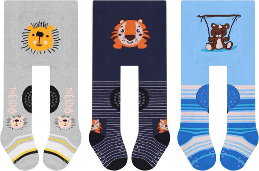 L&K-II Pack of 3 Crawling Tights Baby Girls Boys Tights with ABS Sole Non-Slip Nubs Car Aeroplane Lion Motif 2731