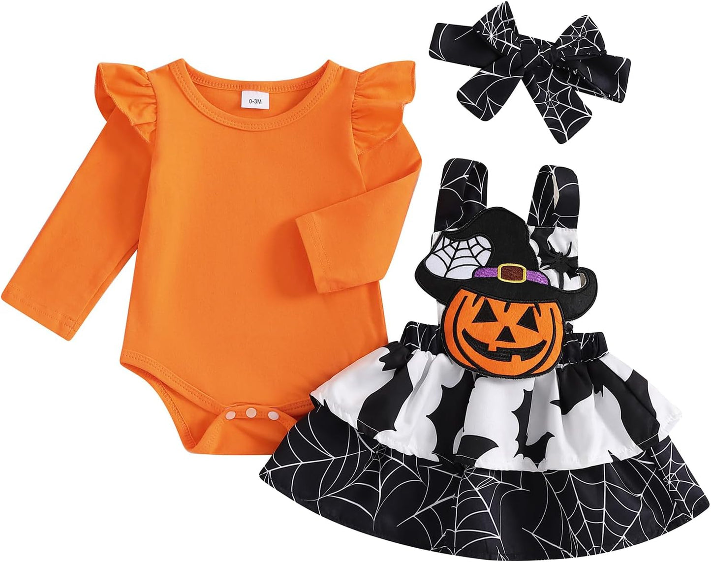 ESSECMBS Infant Baby Girl Halloween Romper Skirt 3 Pieces Clothing Set Long Sleeve Ruffle Shoulder Body Braces Pumpkin Ghost Skirt Headband Girls All Saints Clothing