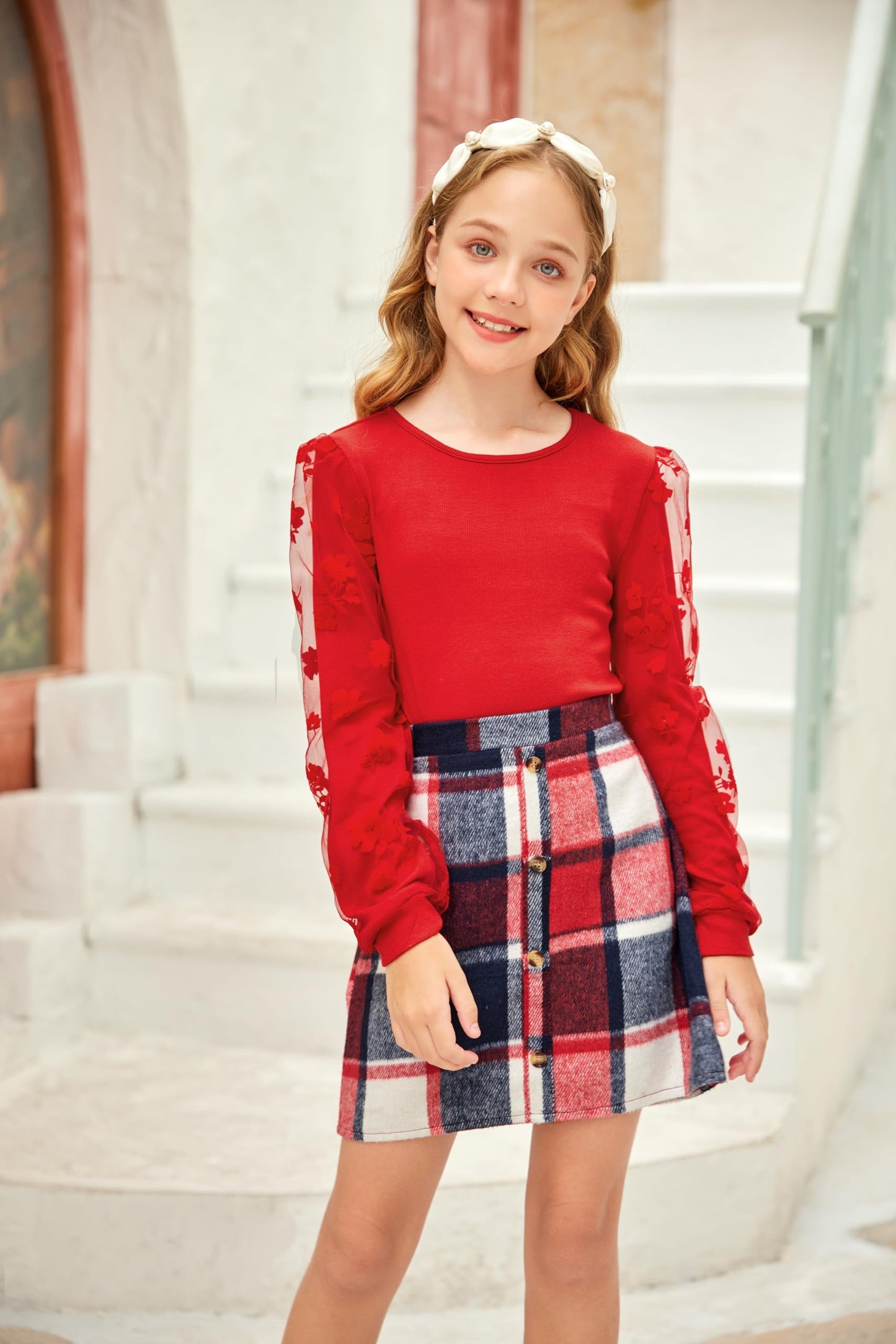 Arshiner Girls' Clothing Sets Elegant Long Sleeve Shirt with Skirt Set Children's Autumn Winter Outfit Checked Leisure Fashion Two Piece Clothing Sets for Girls 5-13 Years