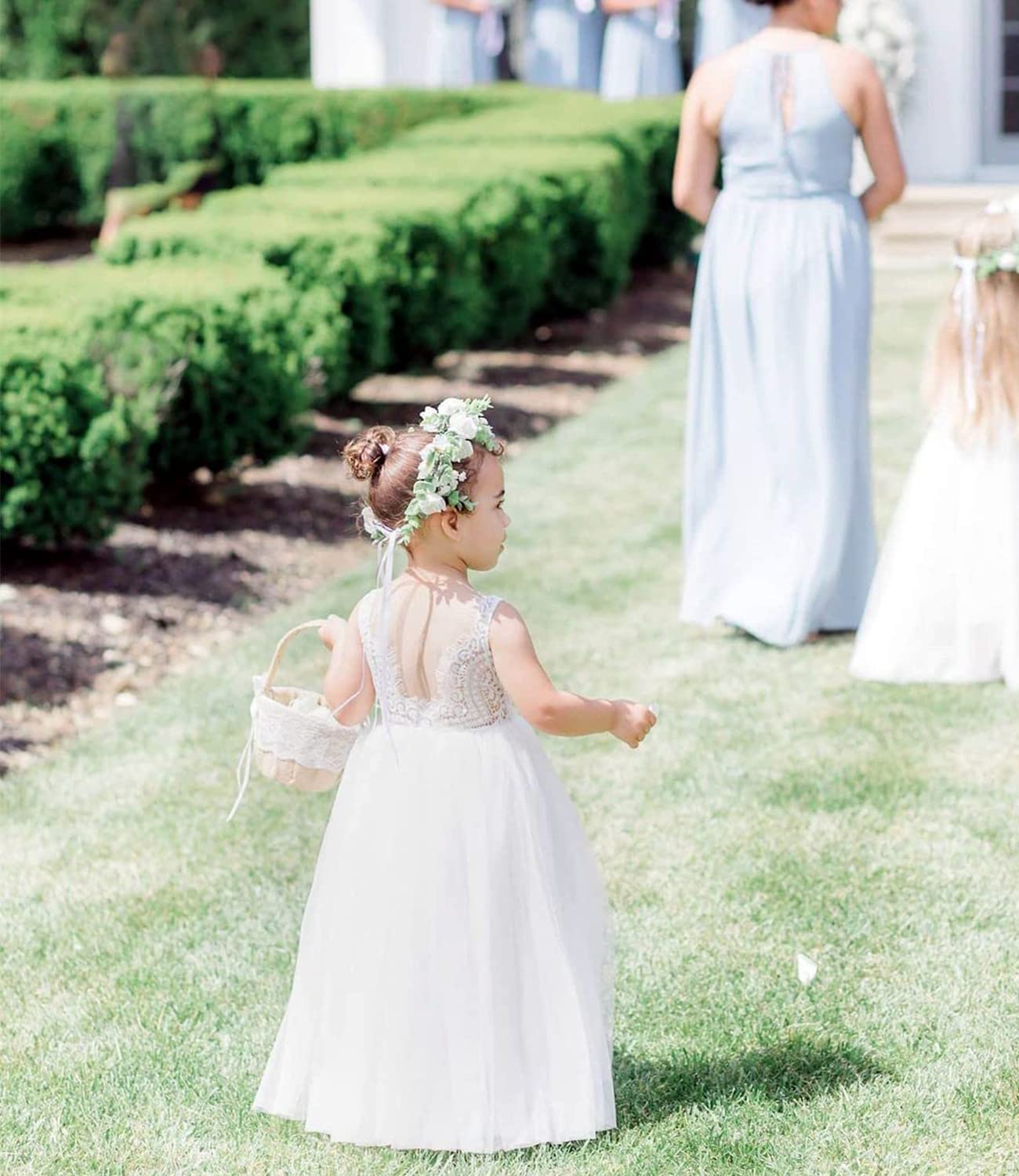Beganly Mädchen Festtagskleider Spitze V-Rücken Kleid ärmellos Flauschig Tüll Prinzessin Partykleid Blumenmädchen Kleider