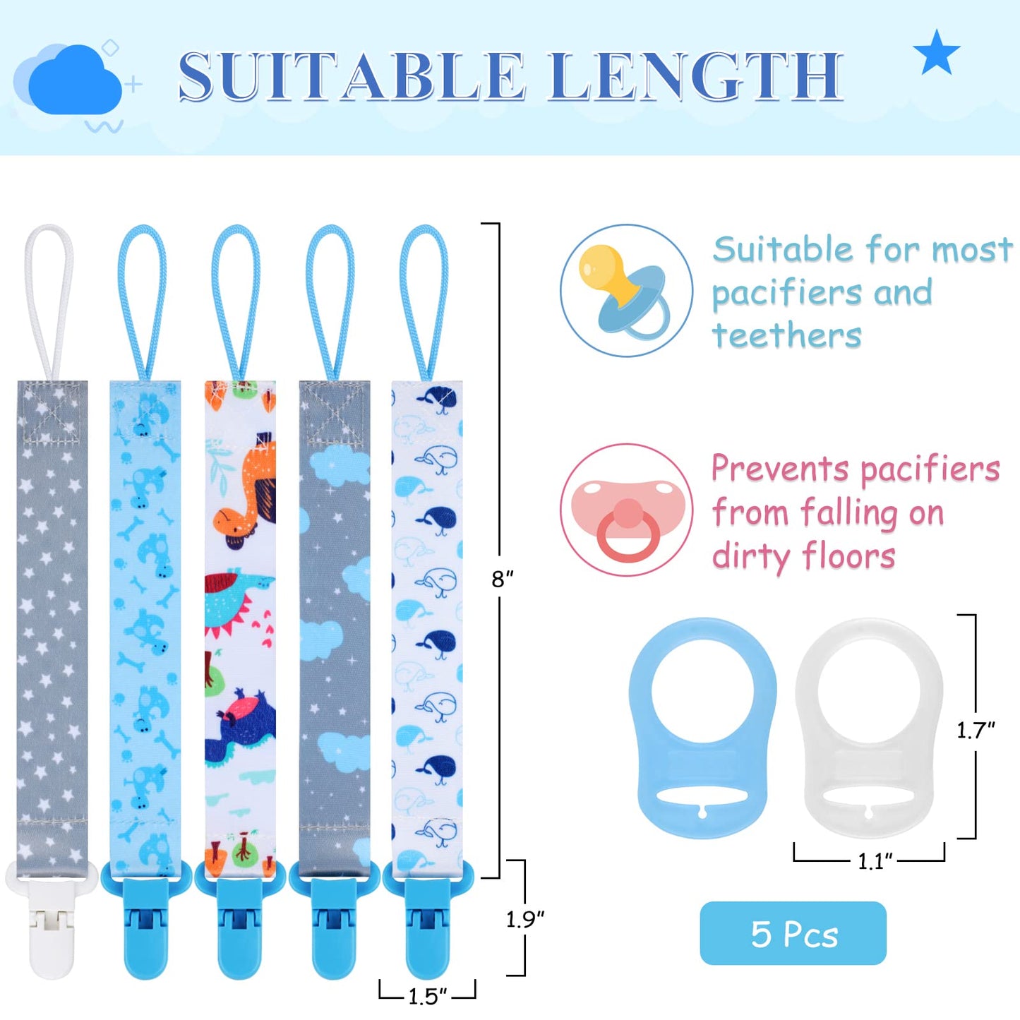Schnullerkette Junge, 5er Baby Schnullerband Stoff mit 5er Silikonring, Schnullerketten mit Clips, Personalisiert Nuckelketten für Schnur Lätzchen Dreieckstuch Schnuller (Braun)