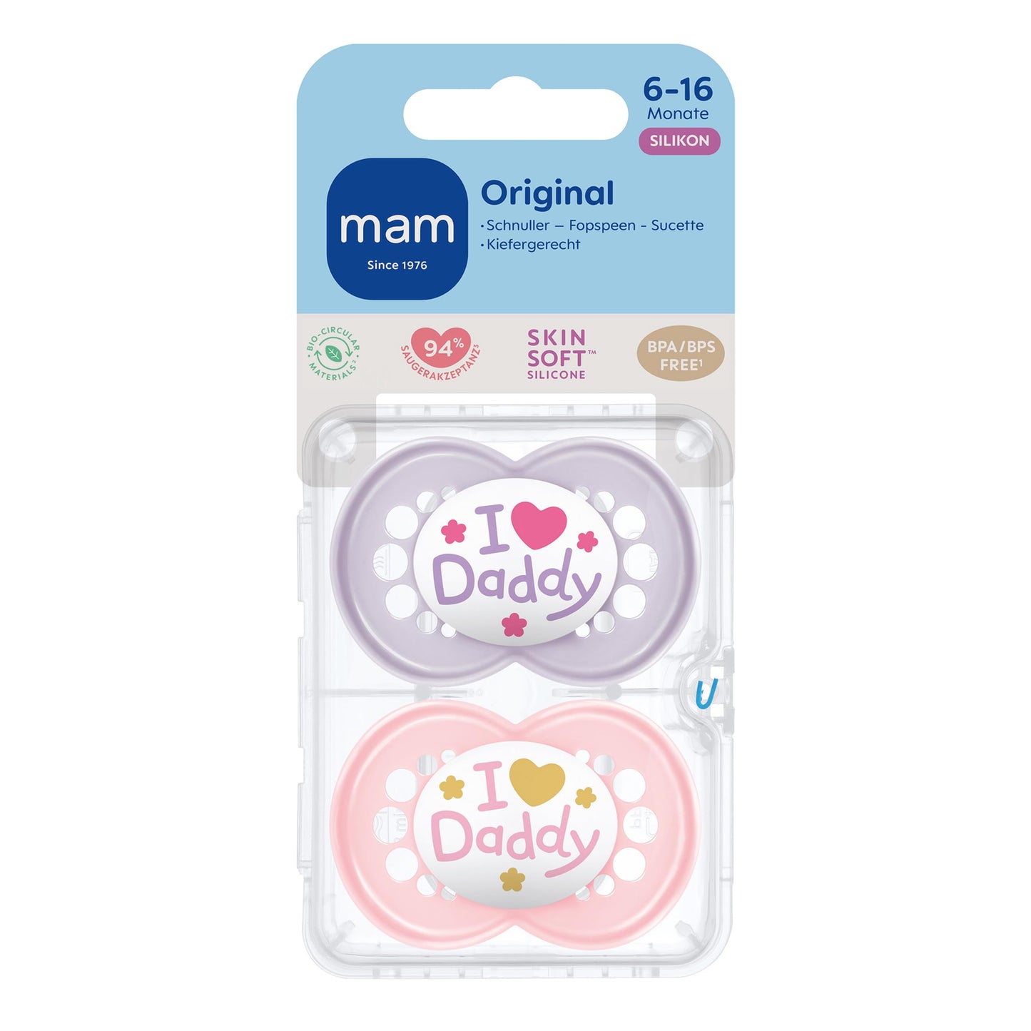 MAM Original Schnuller im 2er-Set, zahnfreundlicher Baby Schnuller aus nachhaltigen & bio-erneuerbaren Materialien, Sauger aus MAM SkinSoft Silikon, mit Schnullerbox, 0-6 Monate, blau/beige - Meloni2