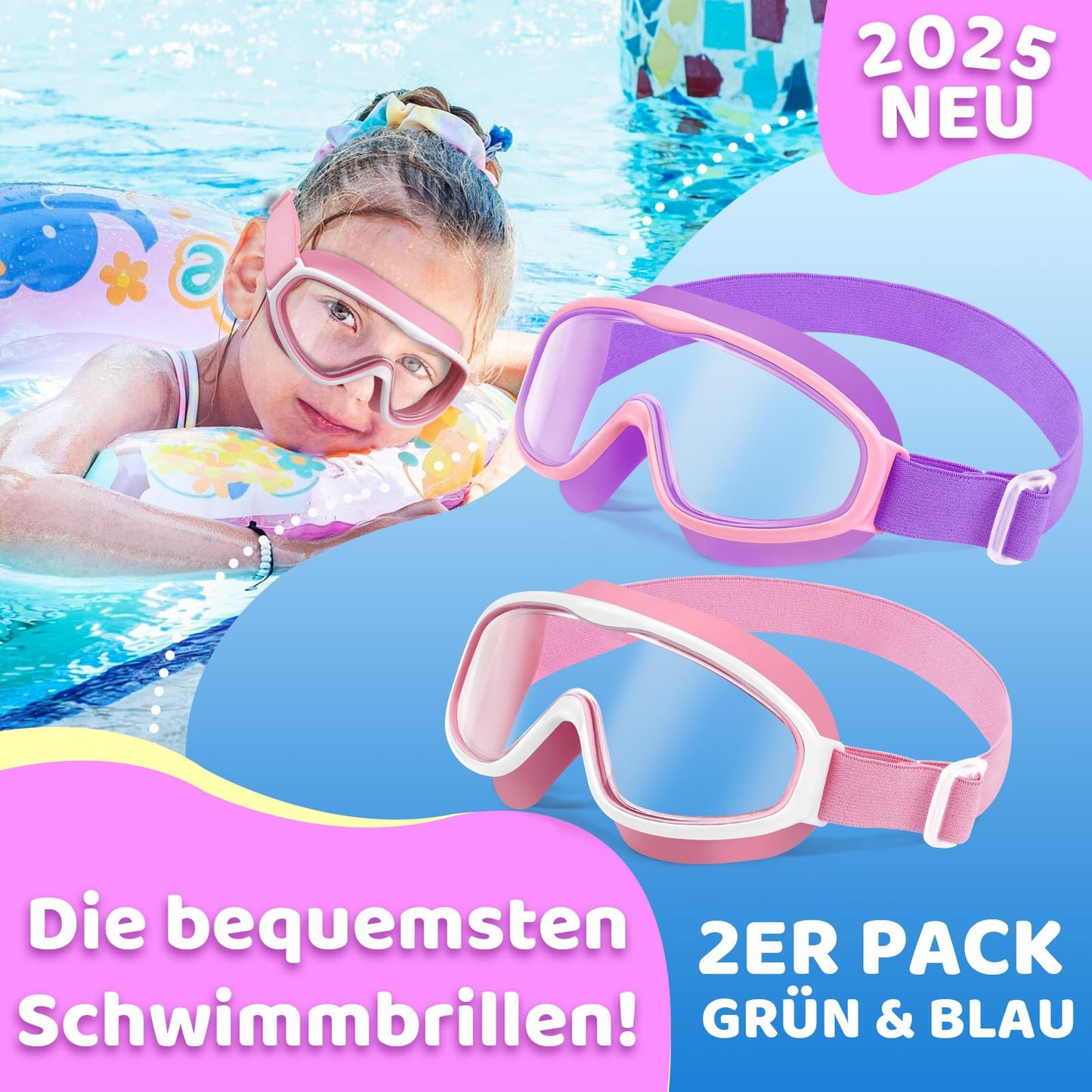 Vvinca Kids Swimming Goggles with Comfort Fabric Strap Wide Angle Anti-Fog UV Protection Waterproof Swimming Goggles for 3-14 Years