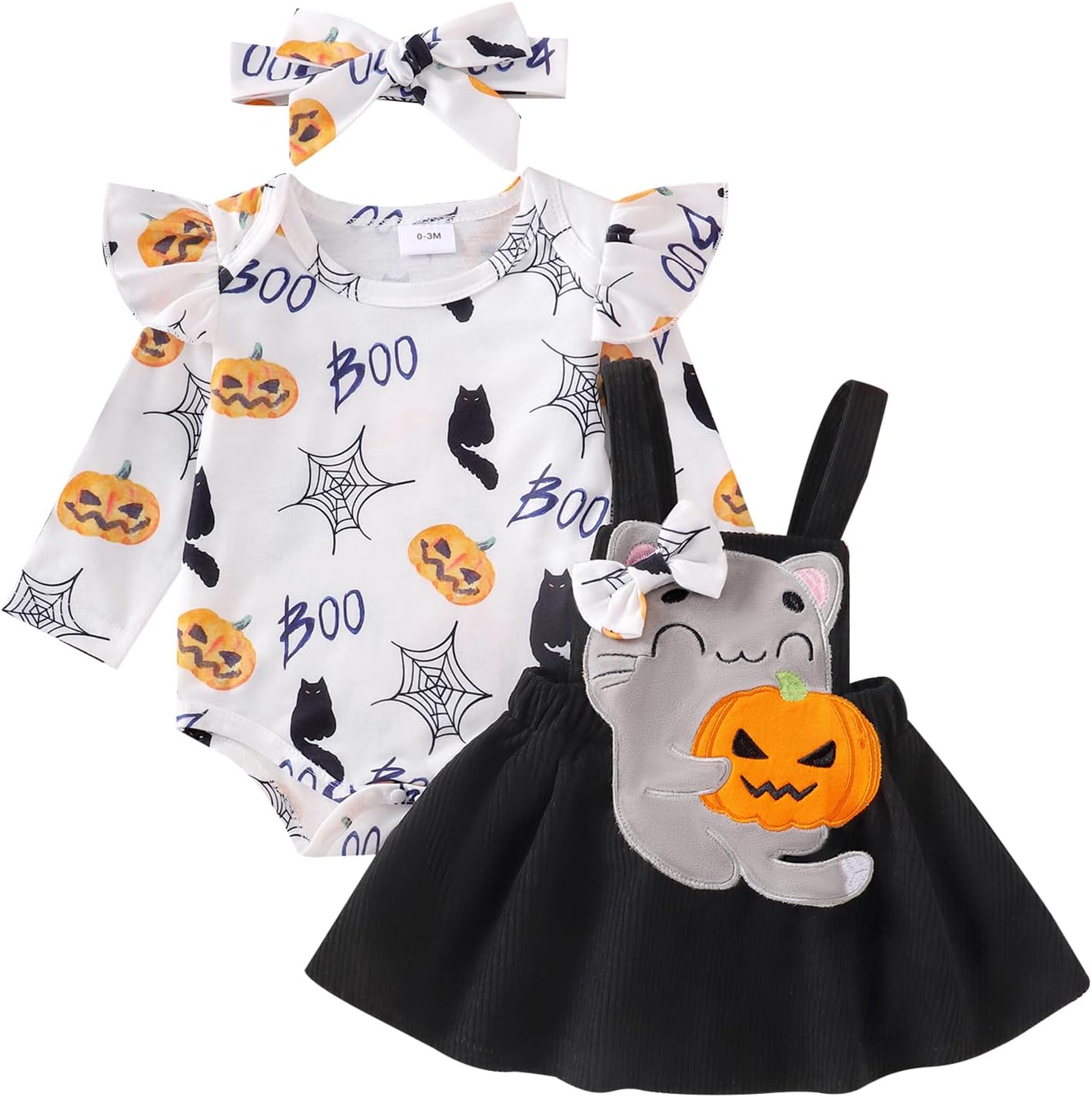 ESSECMBS Infant Baby Girl Halloween Romper Skirt 3 Pieces Clothing Set Long Sleeve Ruffle Shoulder Body Braces Pumpkin Ghost Skirt Headband Girls All Saints Clothing