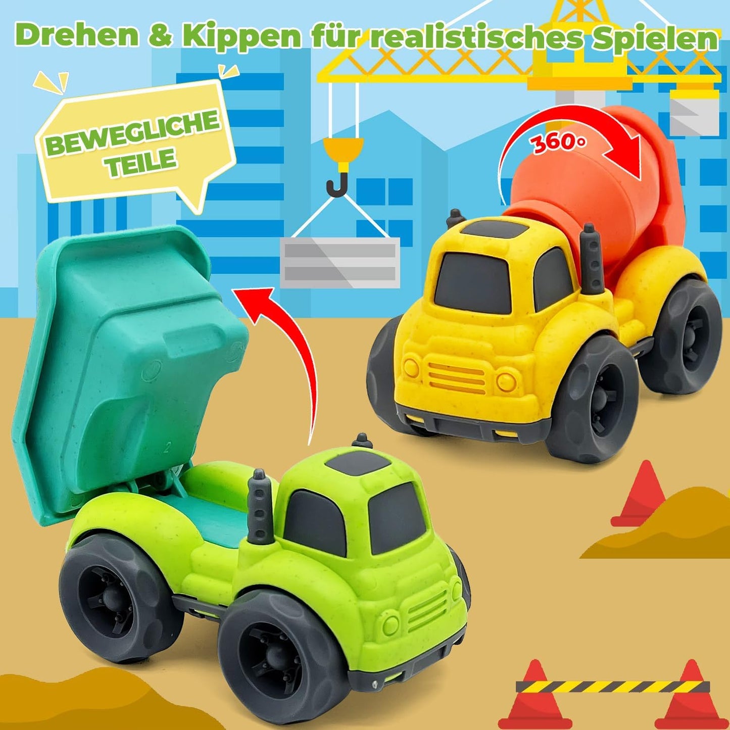 AESTEMON Sand Toy from 1 Year, Sandpit Toy Dump Truck & Concrete Mixer Truck Children's Toy from 1 2 Years, Indoor Outdoor Car Toy Baby Gift Boy 1 2 3 Years, Pack of 2