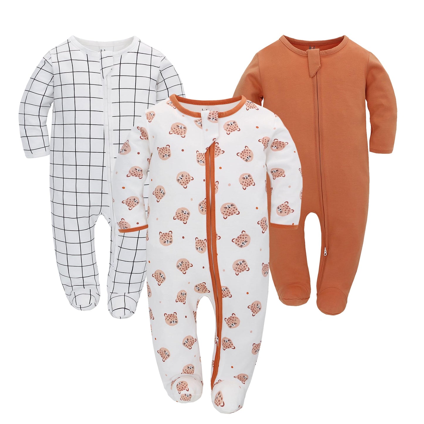 Newborn Baby Boys Girls Rompers with Foot Baby Pajamas One-Piece Long Sleeve Jumpsuit Infant Spring Autumn Bodysuit, 3 Pack