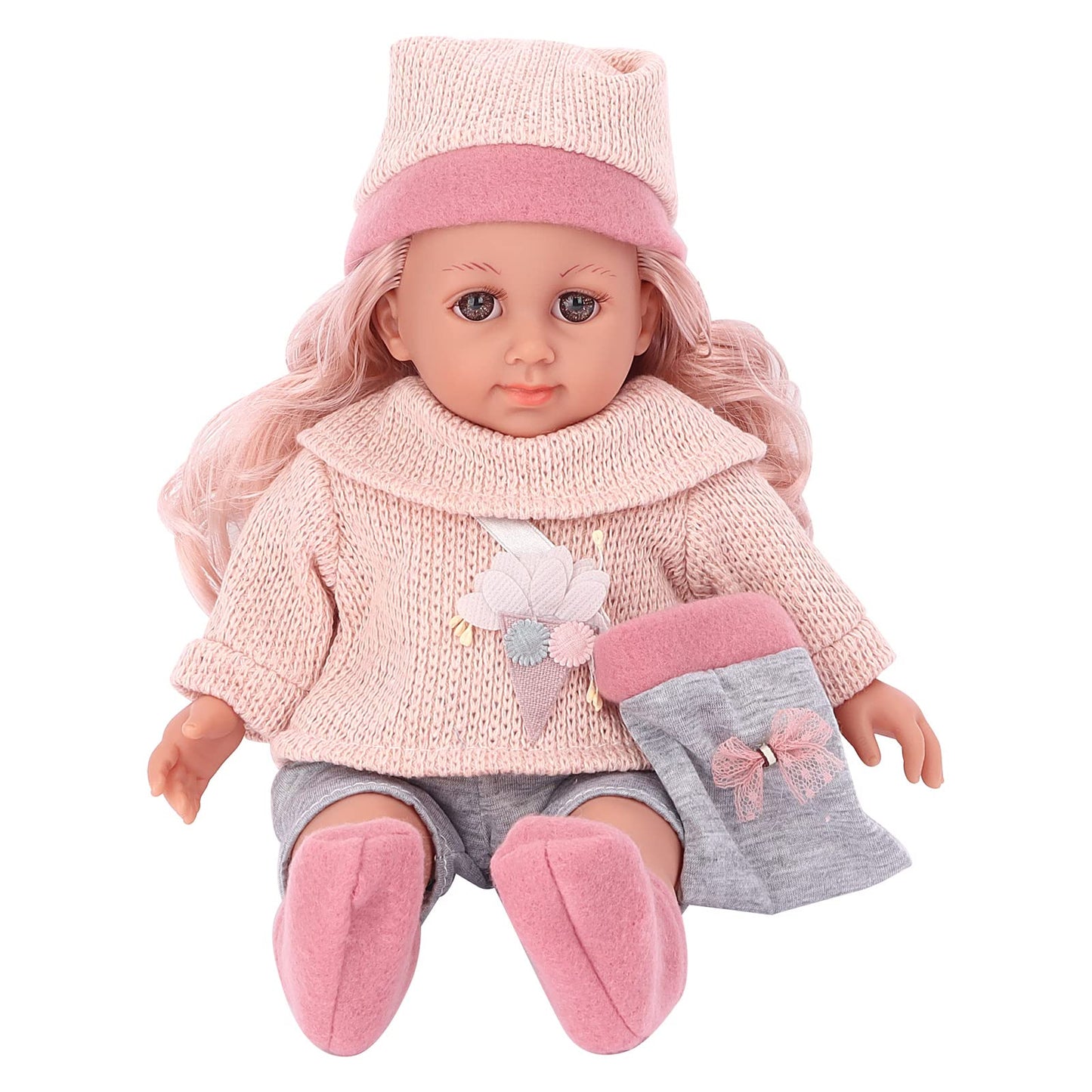 deAO Babypuppen-Spielset, Kleid Spiel Set für 36cm Puppe mit 3 Outfits und Puppenzubehör zum Kämmen und Frisieren, Puppe mit Langen Rosa Haaren Tolles Rollenspiel-Spielzeug für Kinder