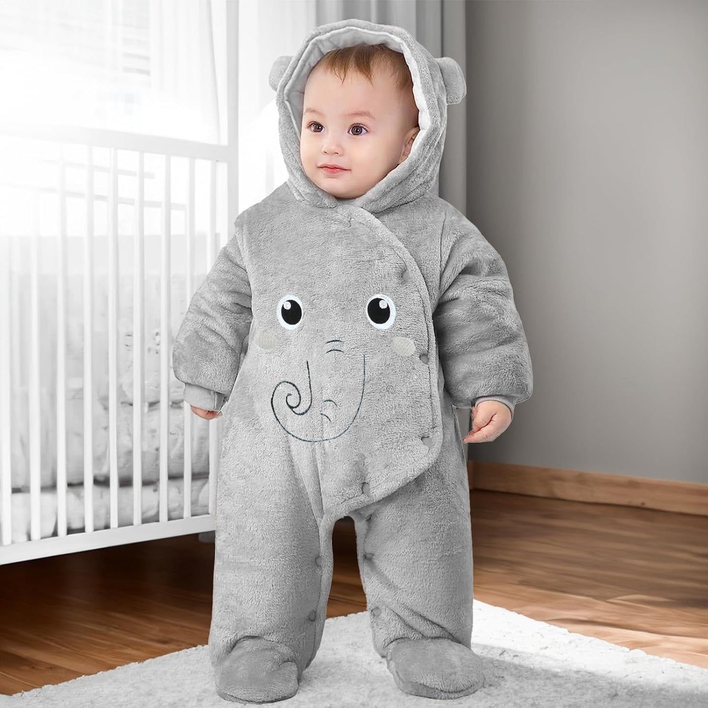 JiAmy Baby-Overall Baby-Strampler Flanell Winter-Strampelanzug mit Füßchen Kapuze Cartoon,Khaki 6-9 Monate