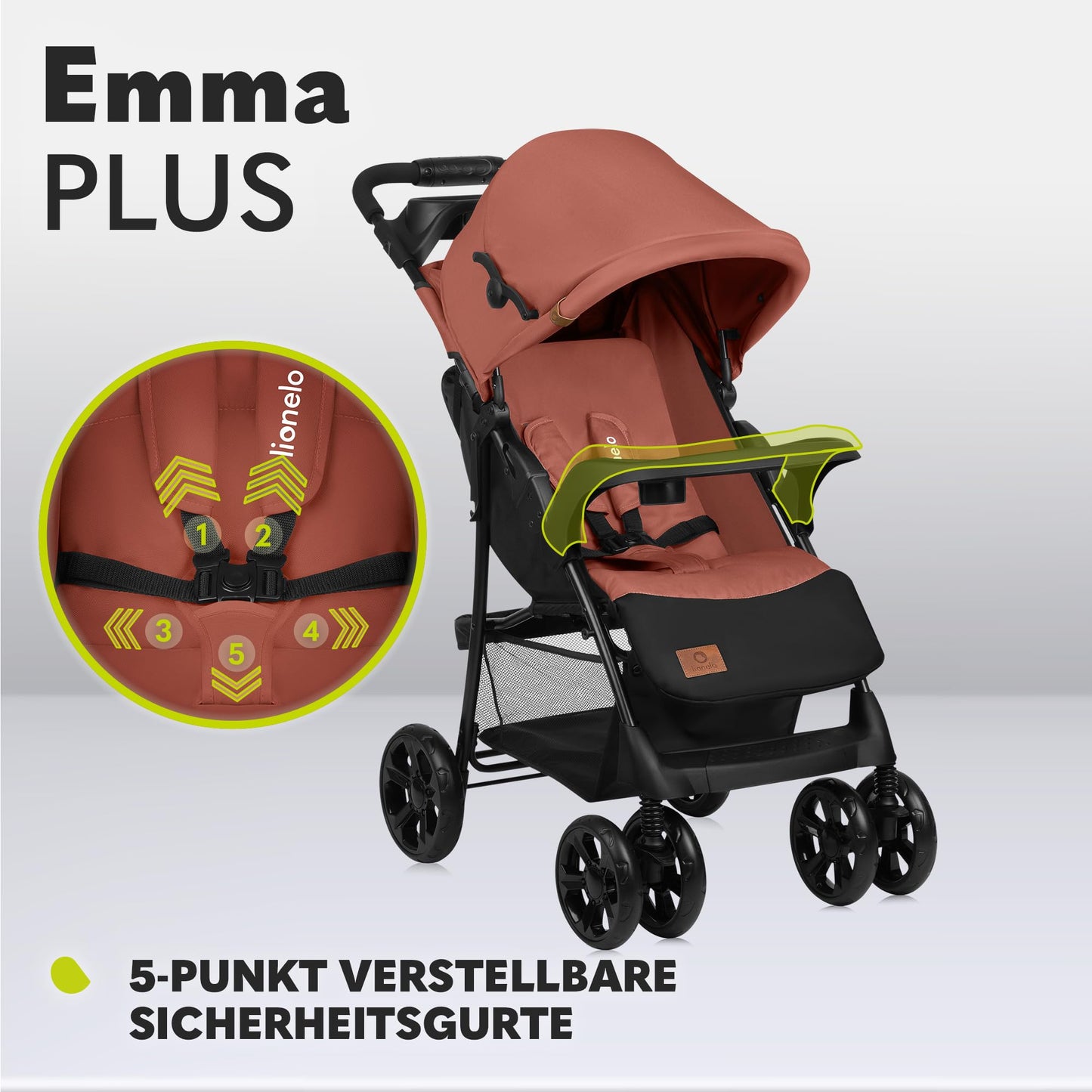 LIONELO Emma Plus Kinderwagen bis zu 15 kg, Kindersportwagen, leicht modern klein Buggy mit Liegeposition, zusammenklappbar, große Räder, großer Korb, Tasche Stone
