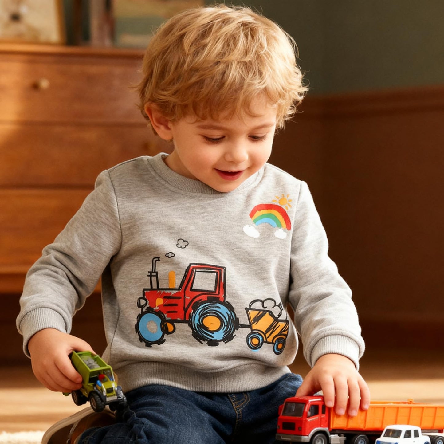 Dinopjs Boys' Jumper, Boys' Warm Sweatshirts, Classic Cartoon Animals, Tractor, Dino, Flying Dragon Knight, Rainbow, Polar Bear Christmas Tree, Cotton Sports Shirts for Children 2-9 Years