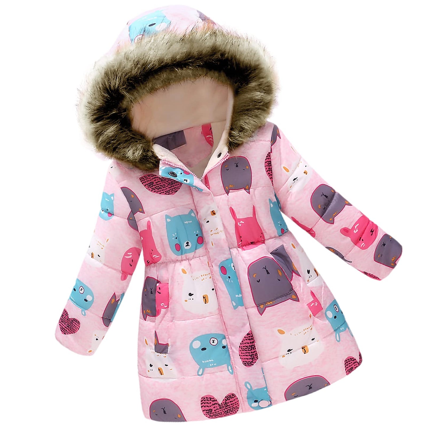 amropi Girls' Floral Winter Jacket with Fur Hood Warm Winter Coat Children's Jacket for 2-10 Years