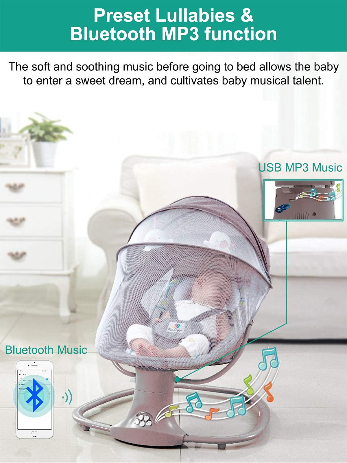 Sianldcone Baby Cradle, Bassinet Baby Toddler Cradle, Baby Bedside Table, Foldable Convertible Co-Sleeping Baby Bed with Music, 5-Swaying Gears (HR00 Pink)