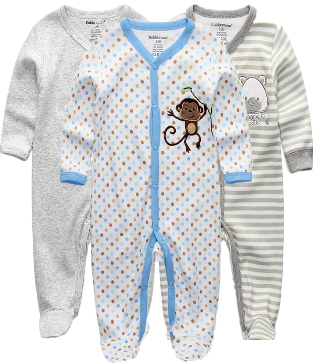 Kiddiezoom Unisex Baby Boys Girls Sleepsuit Pajamas Cotton Overalls Rompers, 3 Pack