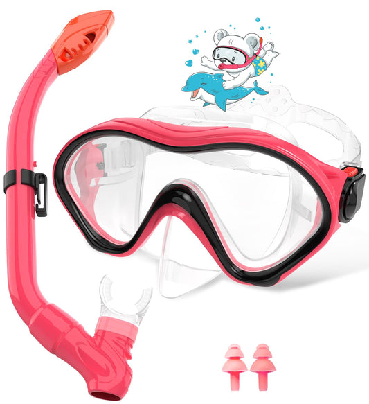 Sporzin Children's Diving Goggles Snorkel Set - Snorkel with Dry Snorkel Mask 180° Panoramic View HD and Anti-Fog Silicone Diving Mask and Swimming Goggles with Ear Plugs 4-12 Years