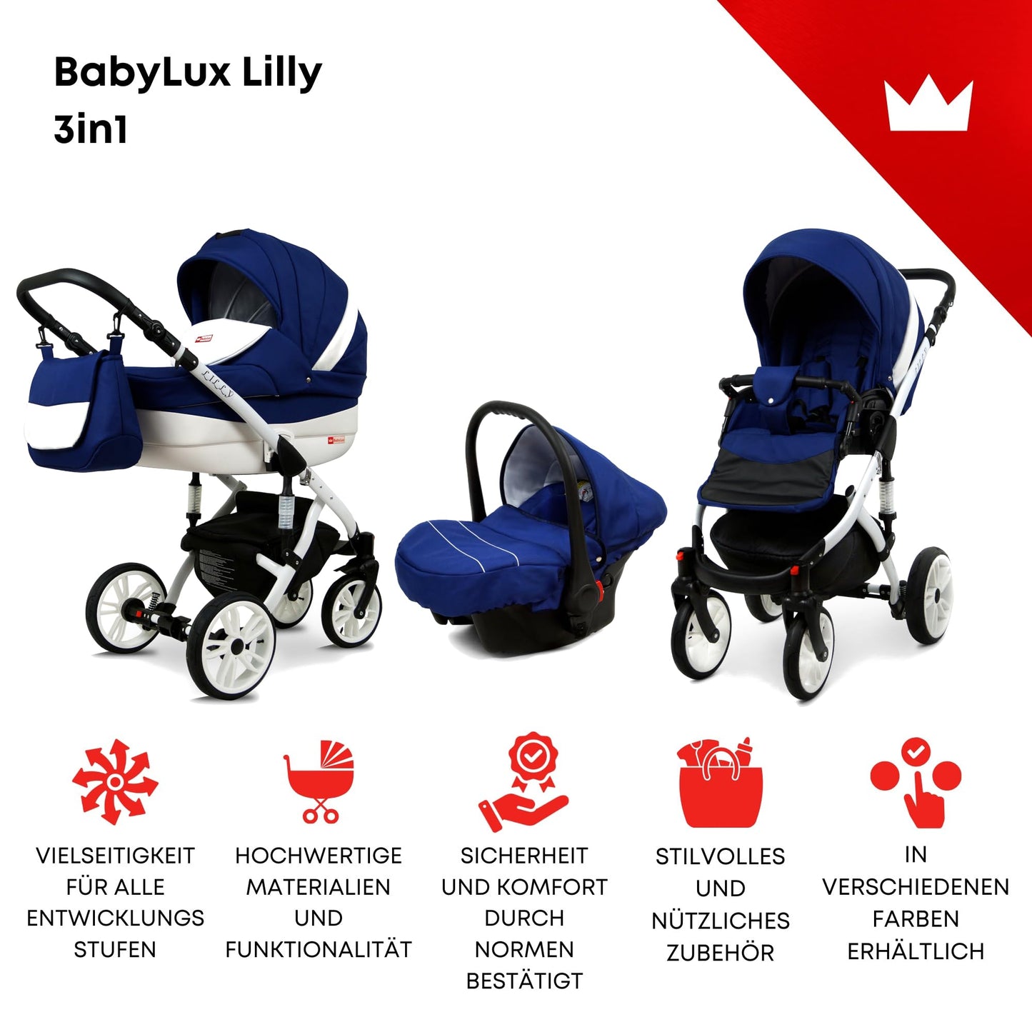 BabyLux® Bambimo Kinderwagen Set 3 in 1 - Lilly - incl. Babywanne, Buggy Sportsitz, Auto-Babyschale - Autositz - Kinderwagenset - Kombikinderwagen mit Wickeltasche, Regenschutz usw.