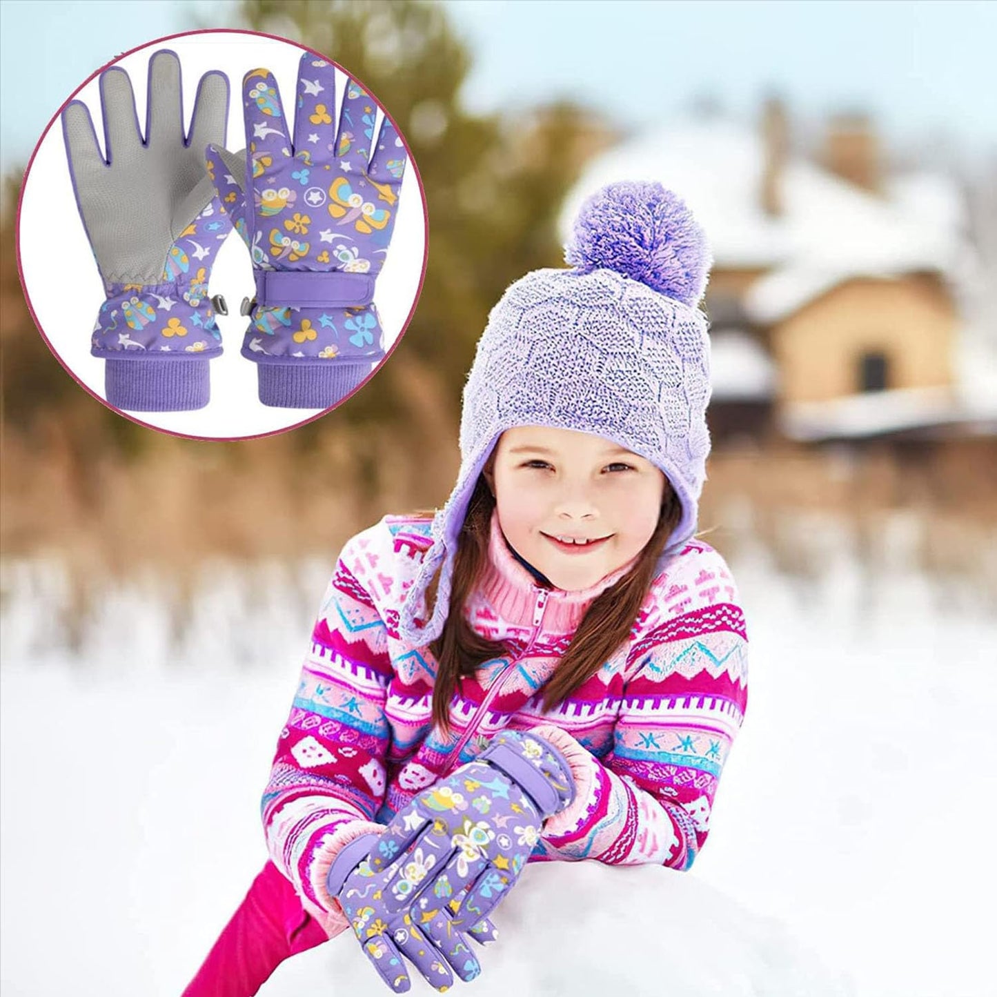 HNGEMSY Children's Winter Snow Gloves Ski Gloves for 2-13 Years Girls Boys PU Palm Waterproof Windproof Warm Fleece Winter Gloves