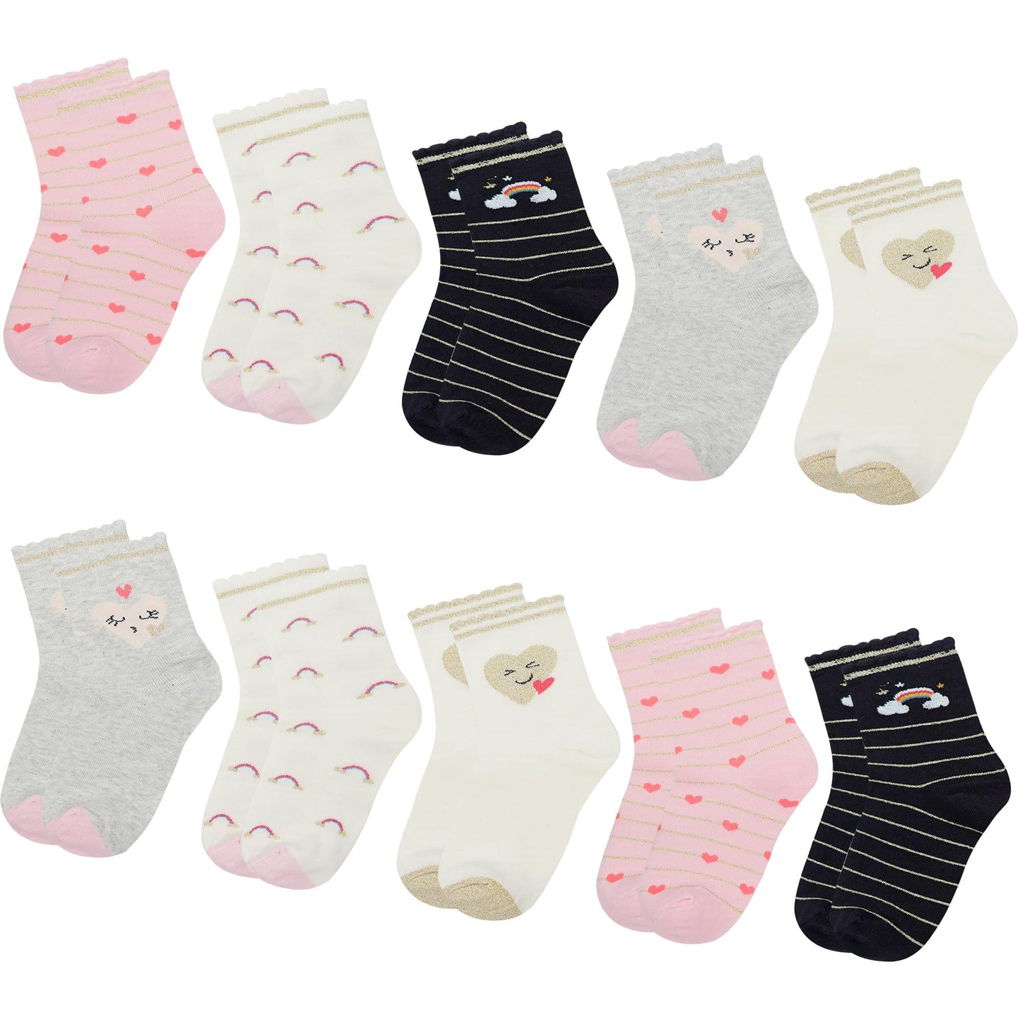 L&K-II 10/12 Paar Kinder Mädchen Socken mit niedlichen Herzmustern Kids Füßlinge Sneakersocken bunt 2825