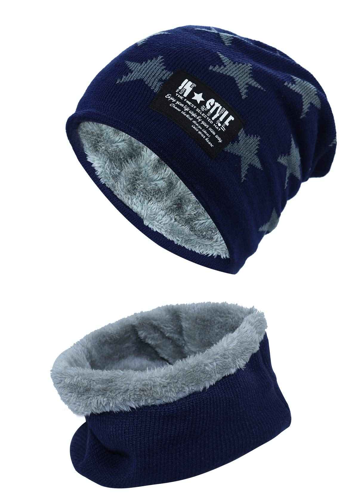 YR.Lover Momoon Dicke Beanie Hut +Schal Set Winter Warmen Schnee Knit Skull Cap für Kinder Jungen Mädchen