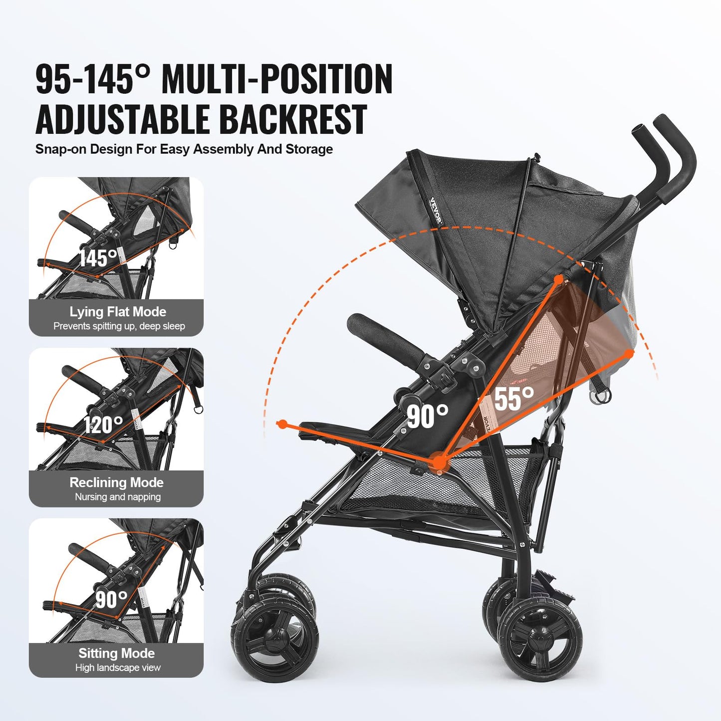 VEVOR Leichter Kinderwagen, kompakt, einfach zusammenklappbar, mit verstellbarer Rückenlehne, Rahmen aus Karbonstahl, großer Aufbewahrungskorb, Kinderwagen mit Schirm für Reisen und mehr, Schwarz/Pink - Meloni2